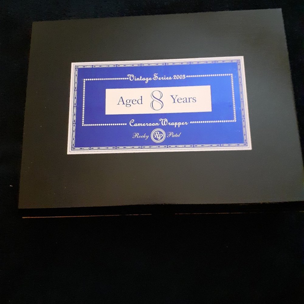 RP Aged 8 Years black & blue empty all wood cigar box